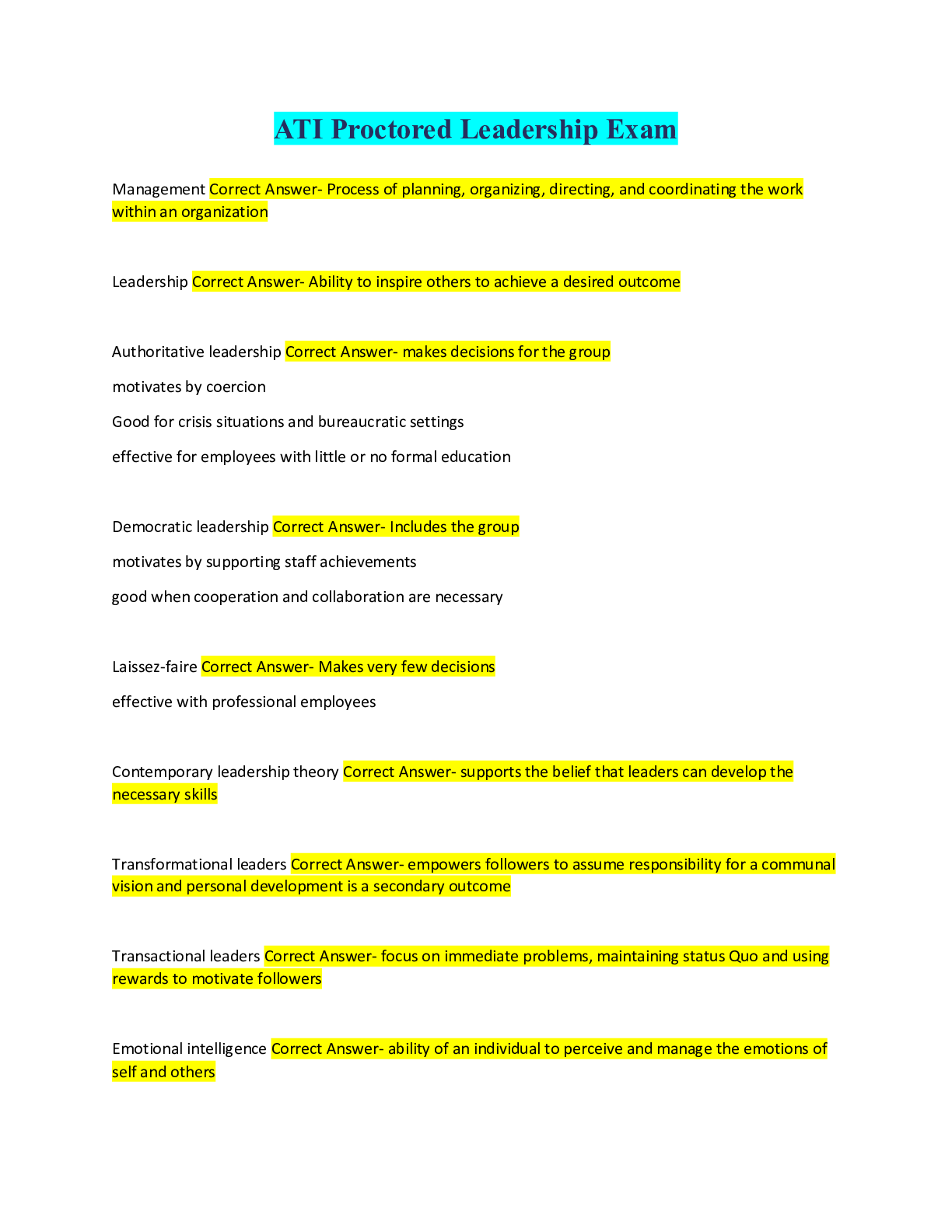 Preview image for ATI Proctored Leadership Exam